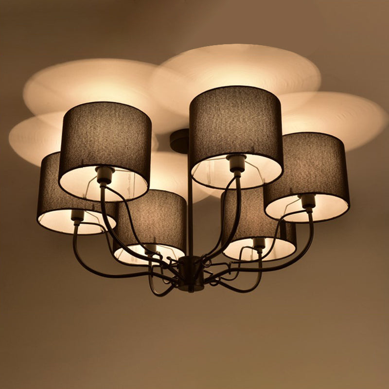 Modern Black/White Barrel Ceiling Lamp: 3/6 Bulbs Fabric Semi Flush Mount Chandelier for Lounge