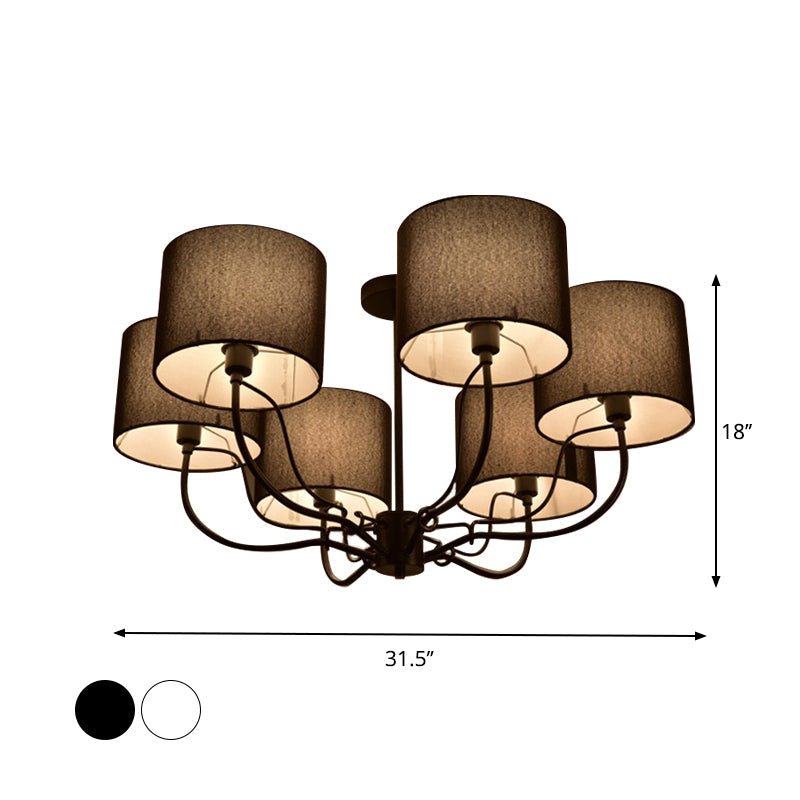 Modern Black/White Barrel Ceiling Lamp: 3/6 Bulbs Fabric Semi Flush Mount Chandelier for Lounge