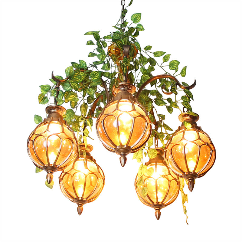 Lustre antique en verre ambré avec finition en laiton - Parfait pour l'éclairage de la salle à manger (5/9 lumières)