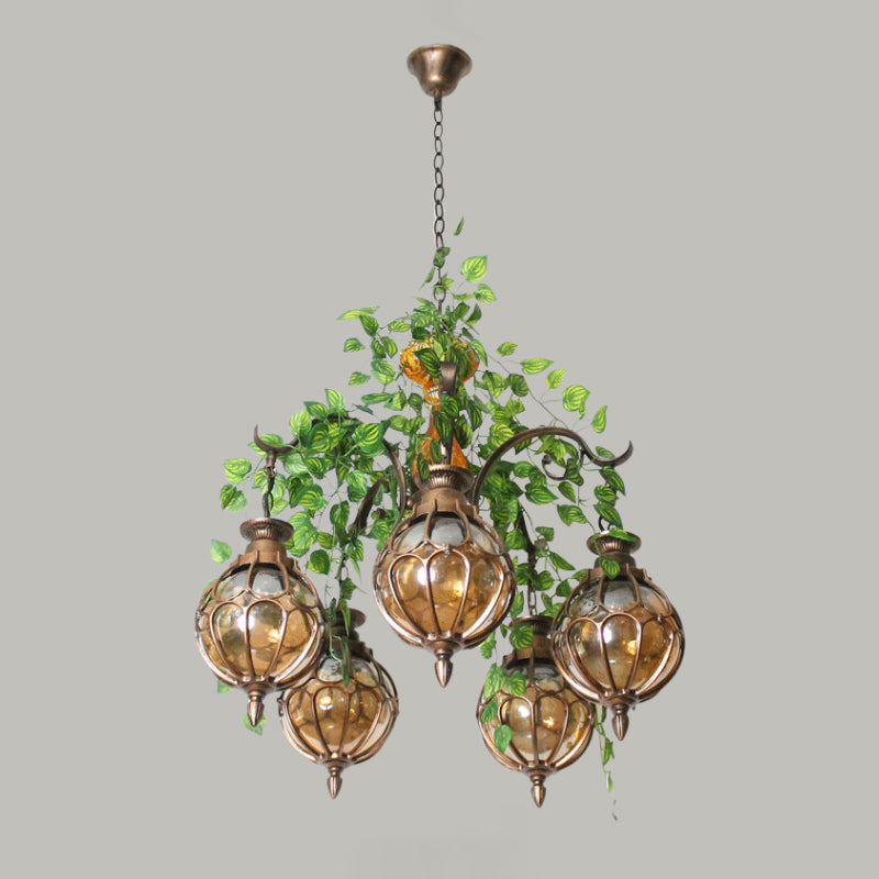Lustre antique en verre ambré avec finition en laiton - Parfait pour l'éclairage de la salle à manger (5/9 lumières)