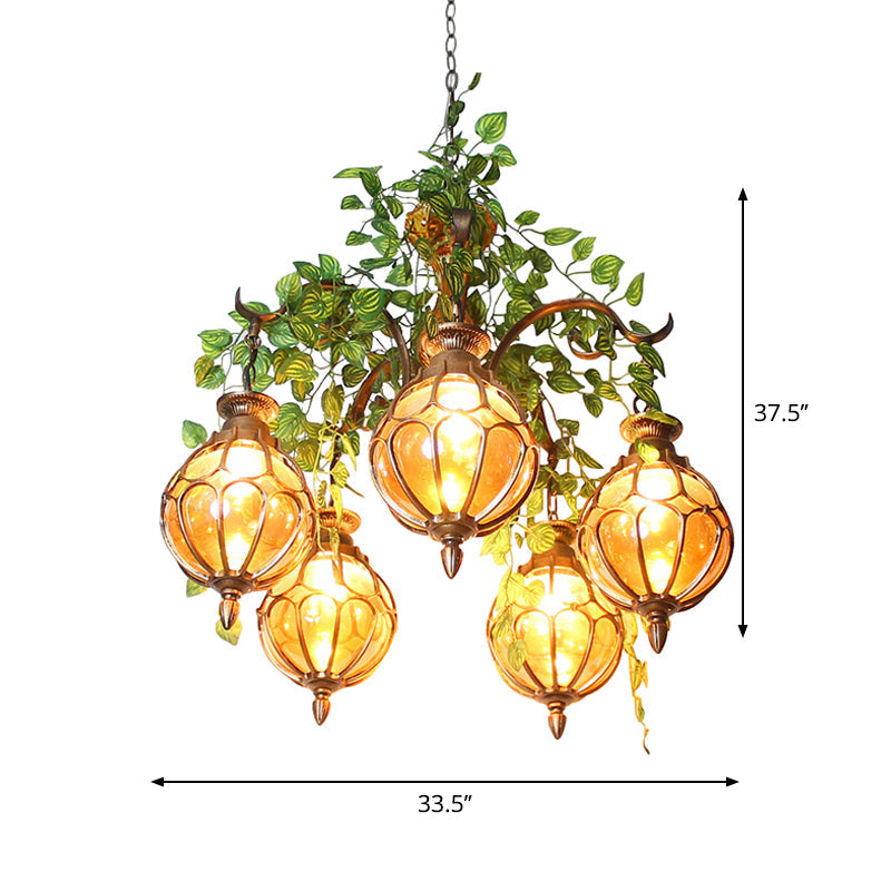 Lustre antique en verre ambré avec finition en laiton - Parfait pour l'éclairage de la salle à manger (5/9 lumières)