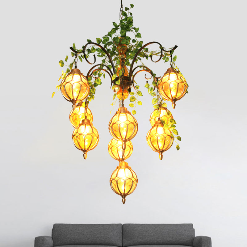 Lustre antique en verre ambré avec finition en laiton - Parfait pour l'éclairage de la salle à manger (5/9 lumières)