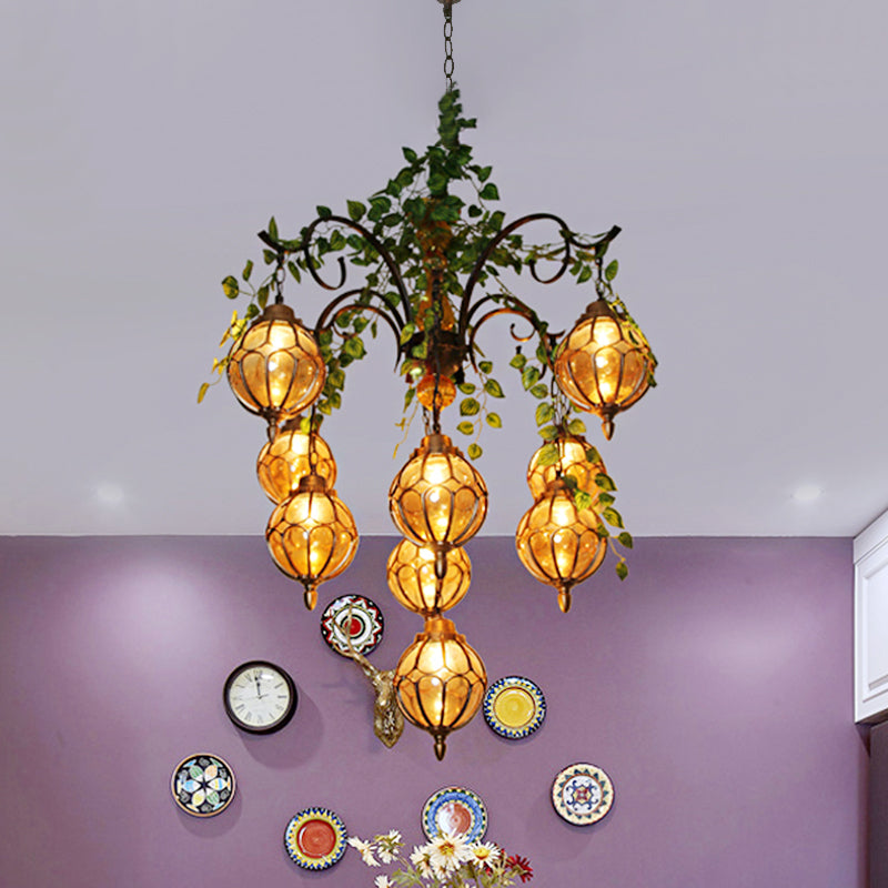 Lustre antique en verre ambré avec finition en laiton - Parfait pour l'éclairage de la salle à manger (5/9 lumières)