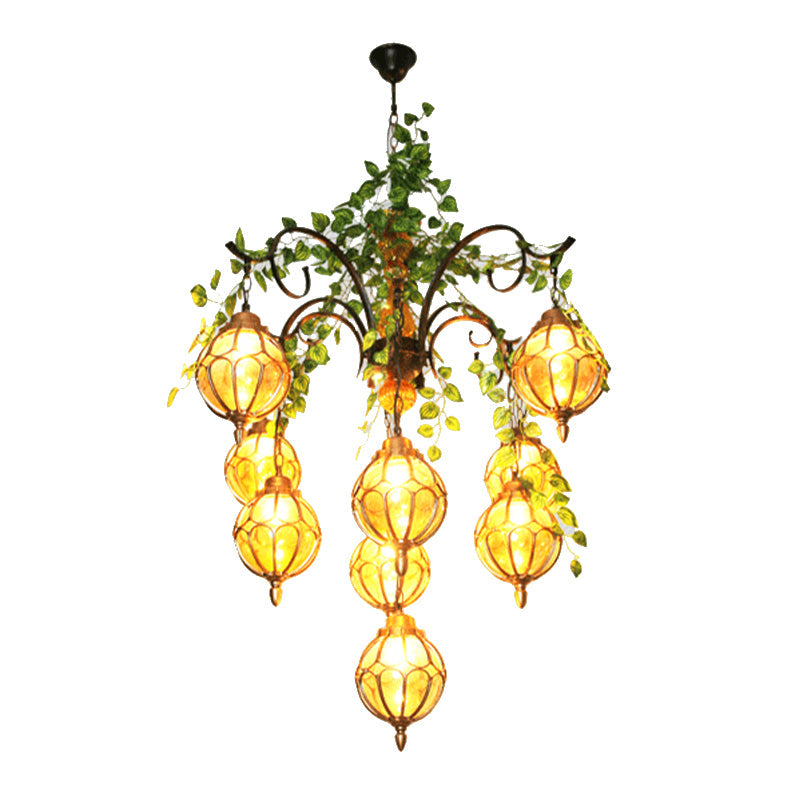 Lustre antique en verre ambré avec finition en laiton - Parfait pour l'éclairage de la salle à manger (5/9 lumières)