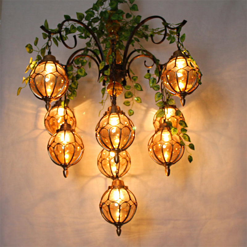 Lustre antique en verre ambré avec finition en laiton - Parfait pour l'éclairage de la salle à manger (5/9 lumières)