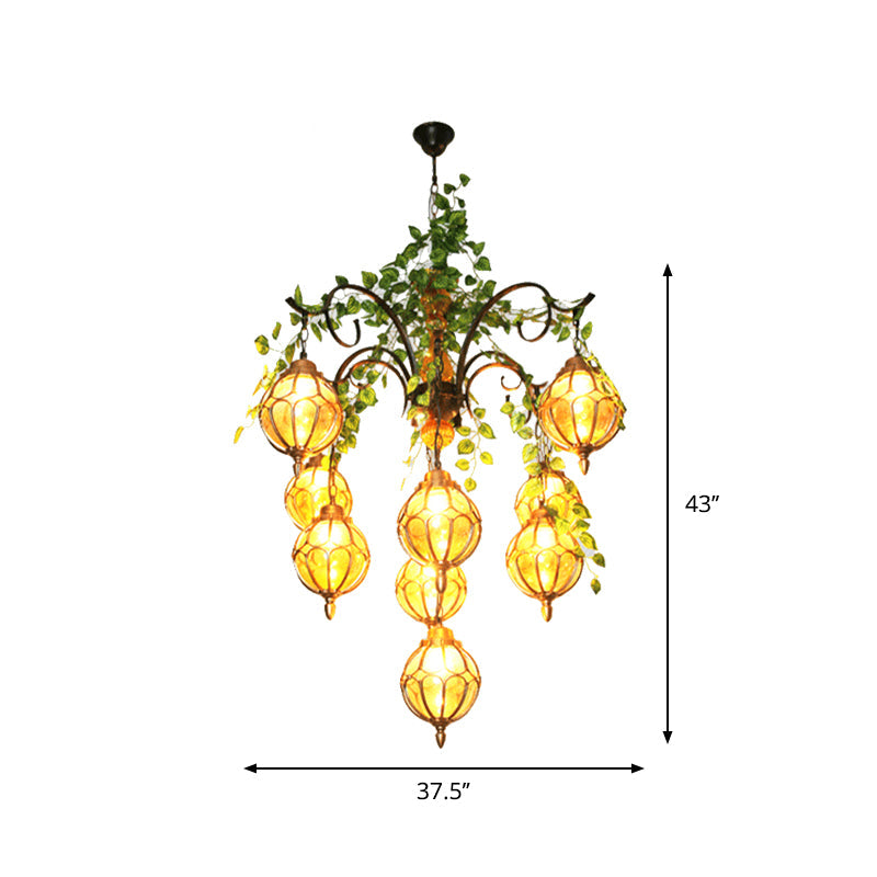 Lustre antique en verre ambré avec finition en laiton - Parfait pour l'éclairage de la salle à manger (5/9 lumières)