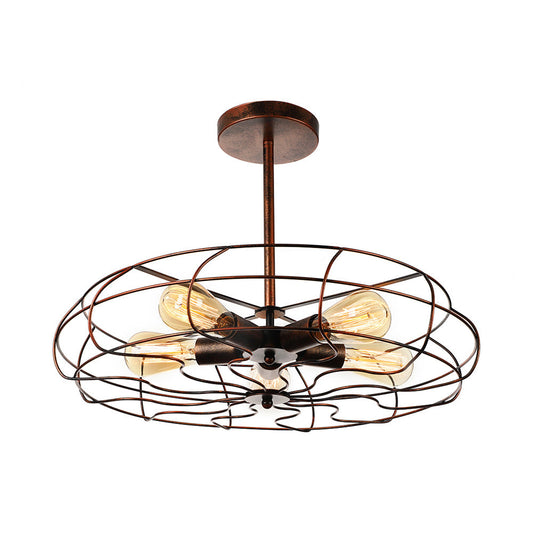 Vintage Fan Shaped 5-Light Iron Ceiling Light with Wire Cage Shade - Semi Flush Mount in Rust/Black, Ideal for Living Room