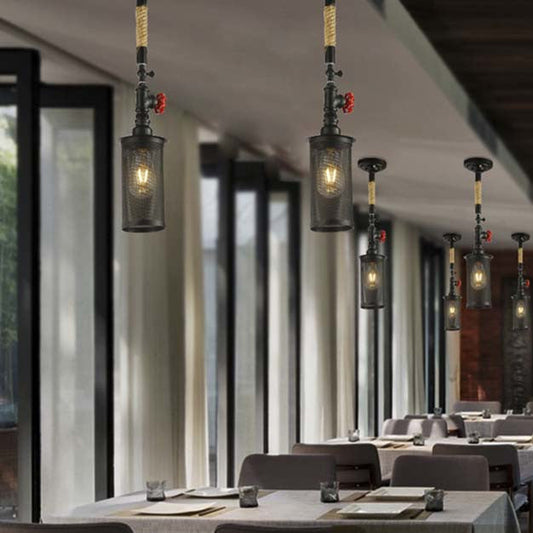 Sleek Black Metal Rotatable Ceiling Light with Cylinder Shade - Industrial Mesh Screen Design