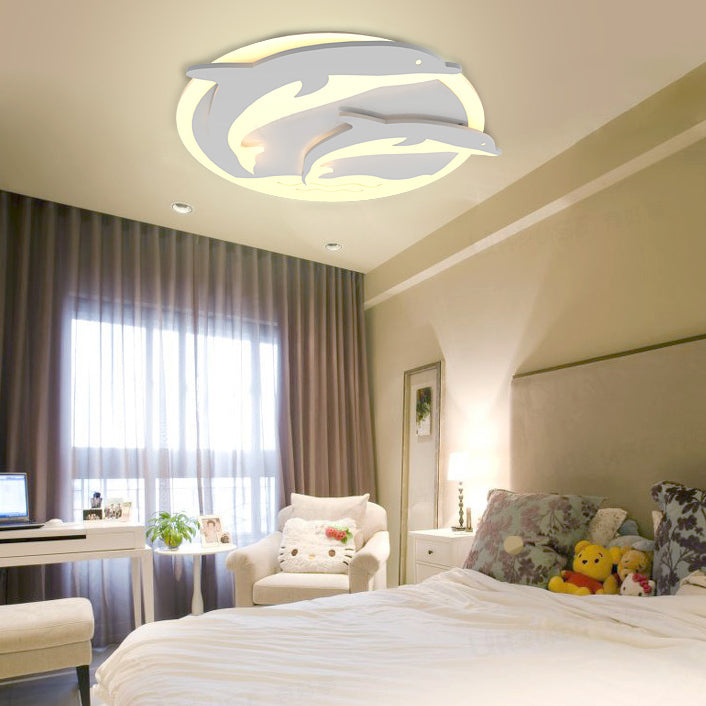 Double Dolphin Ceiling Light: White Animal Acrylic LED Fixture for Child Bedroom
