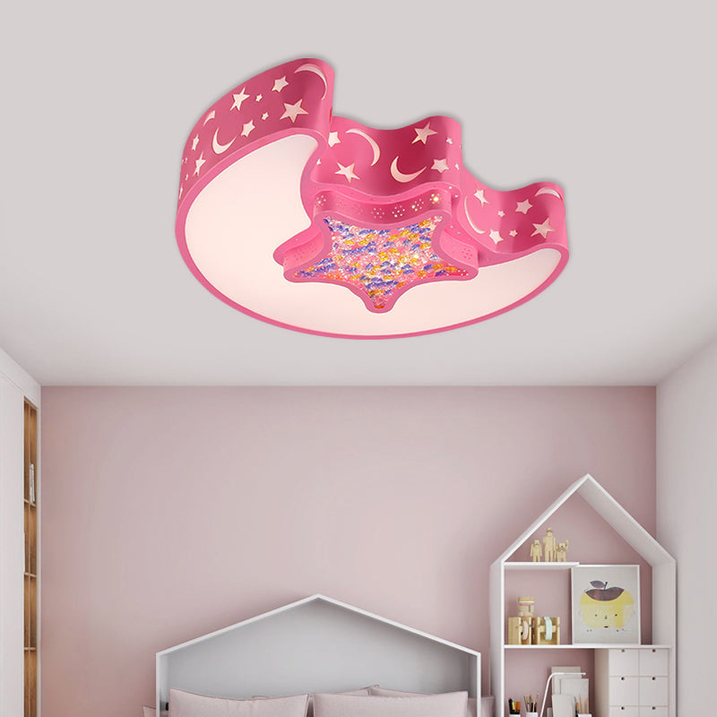 Contemporary LED Flush Pendant Light for Bedroom - Ceiling Mounted Fixture with Moon and Star Design - Acrylic White/Pink/Blue