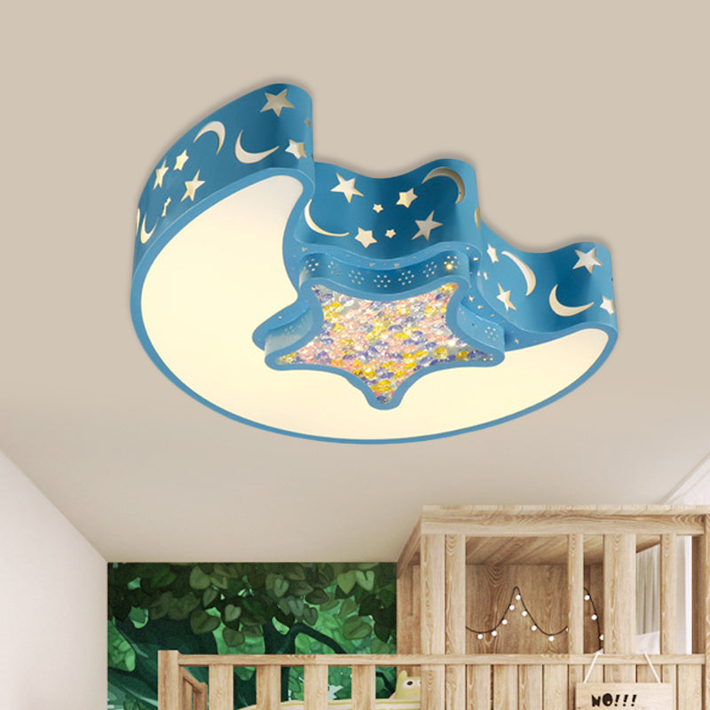 Contemporary LED Flush Pendant Light for Bedroom - Ceiling Mounted Fixture with Moon and Star Design - Acrylic White/Pink/Blue