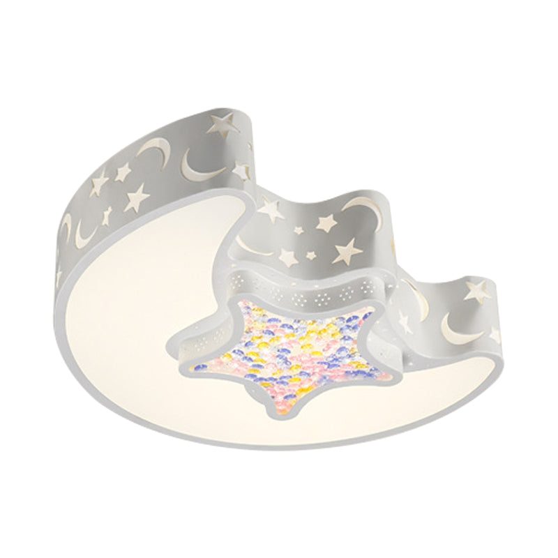 Contemporary LED Flush Pendant Light for Bedroom - Ceiling Mounted Fixture with Moon and Star Design - Acrylic White/Pink/Blue