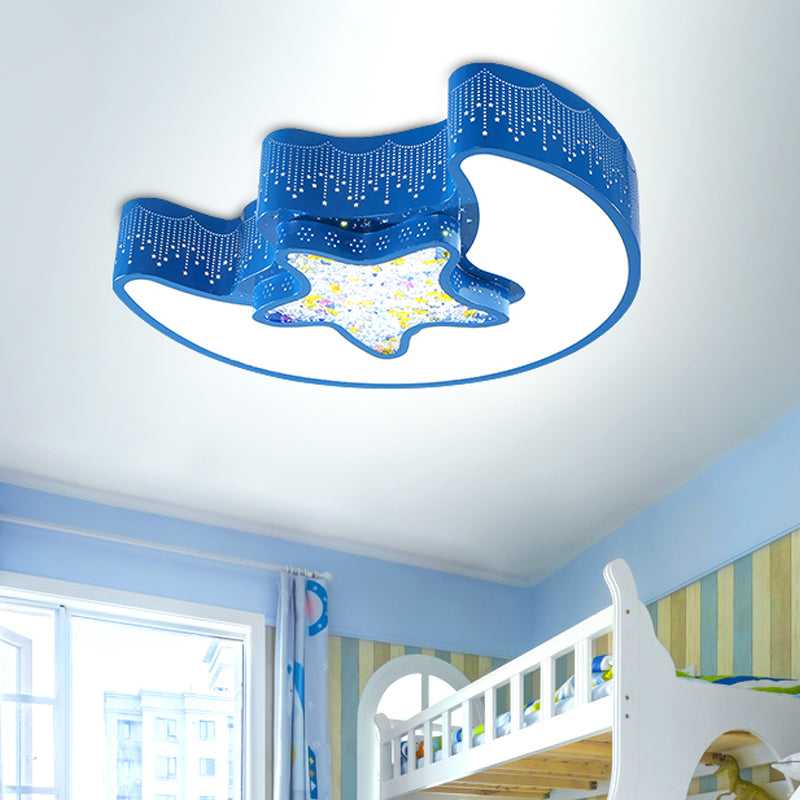 Starry Moon and Pentagram LED Ceiling Flush Lighting for Kids' Bedroom - Acrylic, Blue/Pink/White