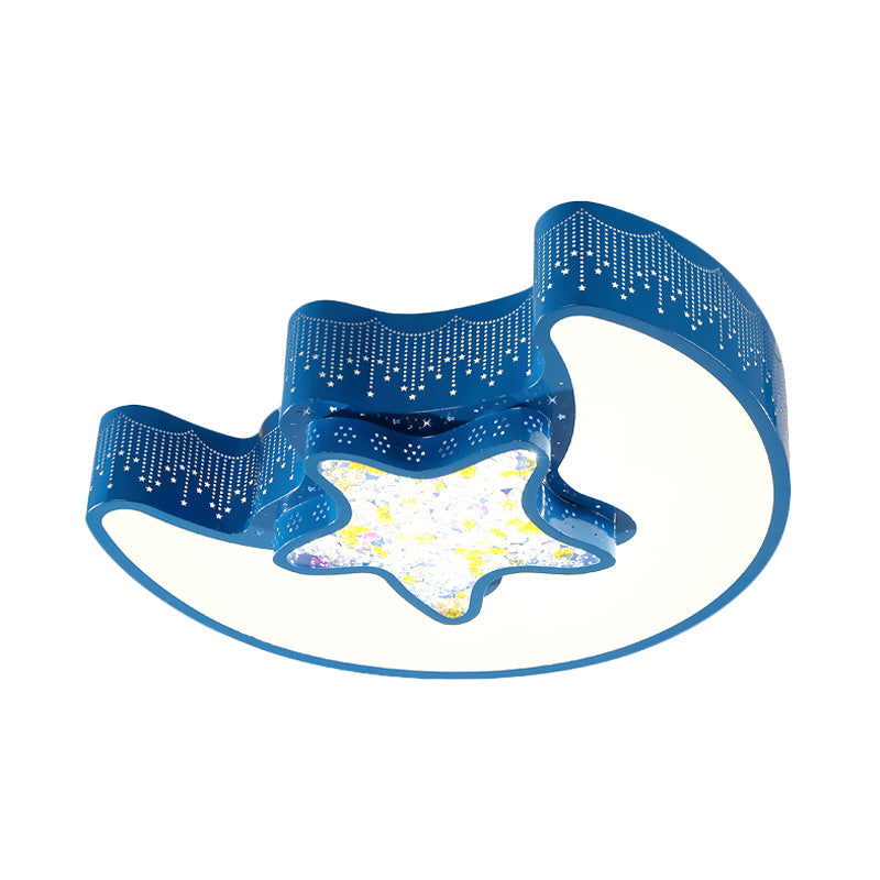 Starry Moon and Pentagram LED Ceiling Flush Lighting for Kids' Bedroom - Acrylic, Blue/Pink/White