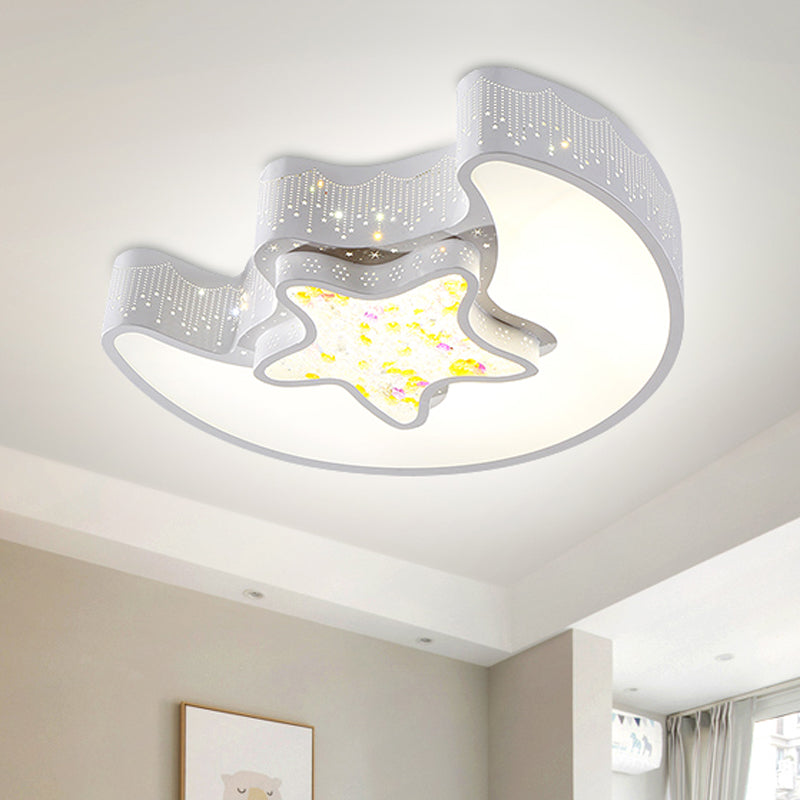 Starry Moon and Pentagram LED Ceiling Flush Lighting for Kids' Bedroom - Acrylic, Blue/Pink/White