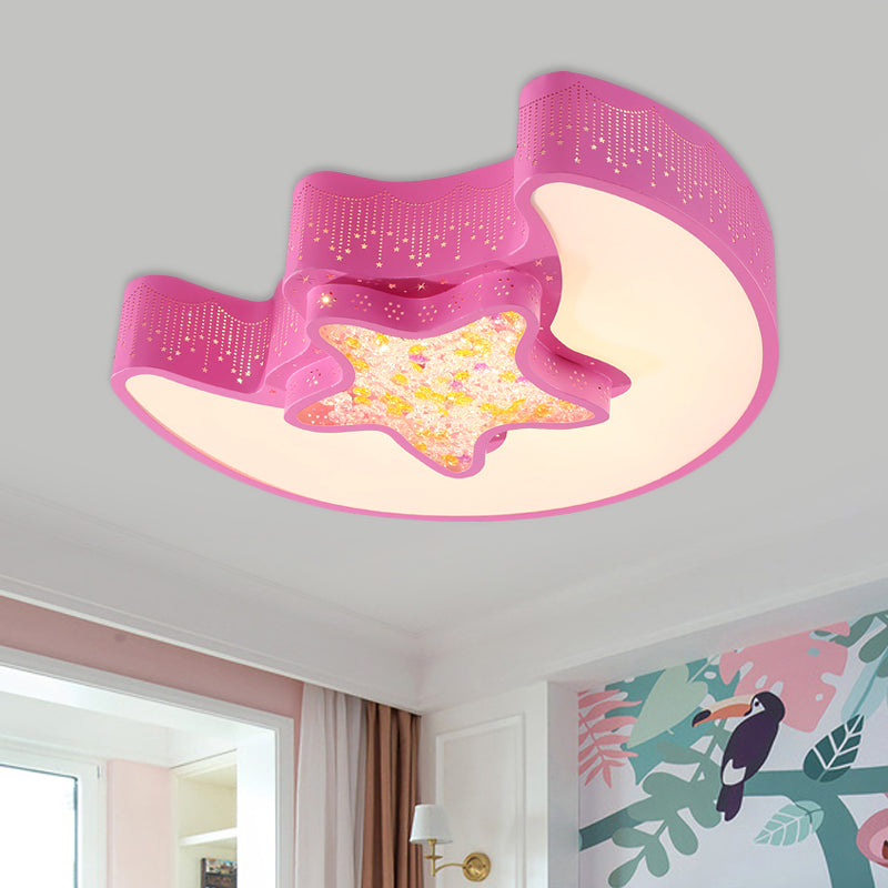 Starry Moon and Pentagram LED Ceiling Flush Lighting for Kids' Bedroom - Acrylic, Blue/Pink/White