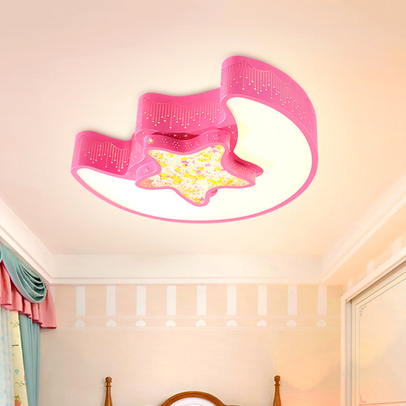 Starry Moon and Pentagram LED Ceiling Flush Lighting for Kids' Bedroom - Acrylic, Blue/Pink/White