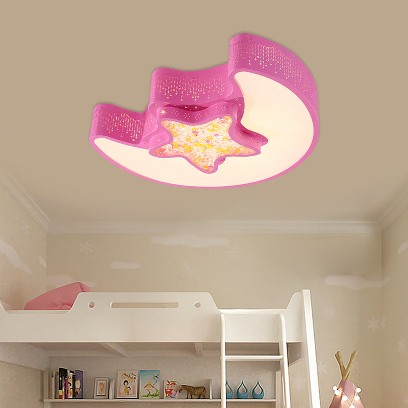 Starry Moon And Pentagram Led Ceiling Flush Lighting For Kids Bedroom - Acrylic Blue/Pink/White