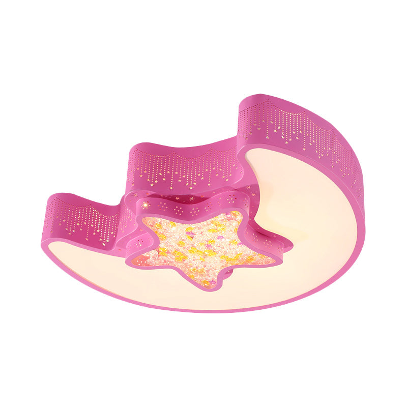 Starry Moon and Pentagram LED Ceiling Flush Lighting for Kids' Bedroom - Acrylic, Blue/Pink/White