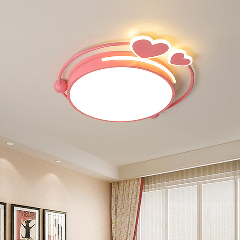 Modern Pink Drum Flush Mount LED Ceiling Lamp with Loving Heart Design in Warm/White Light