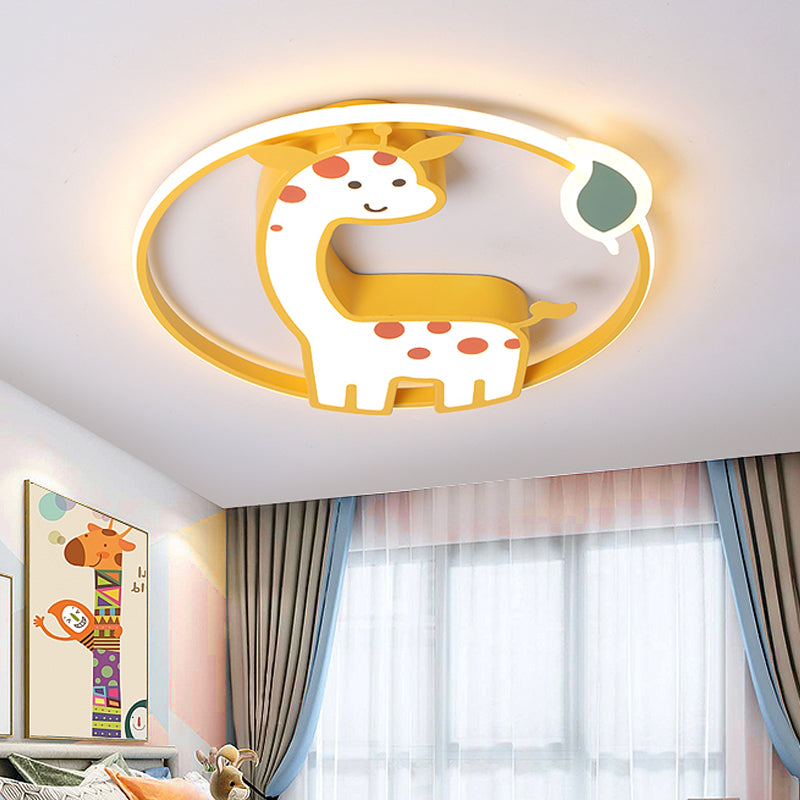 Cartoon-Style Acrylic Giraffe Flush Ceiling Light: Yellow Flushmount Fixture with Leaf Design, Warm/White Lighting
