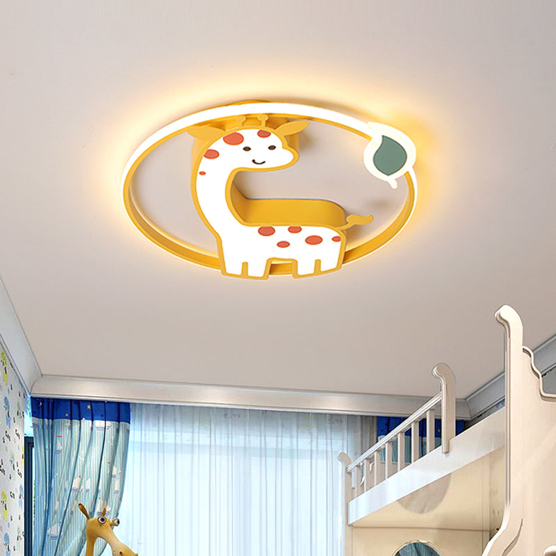 Cartoon-Style Acrylic Giraffe Flush Ceiling Light: Yellow Flushmount Fixture with Leaf Design, Warm/White Lighting