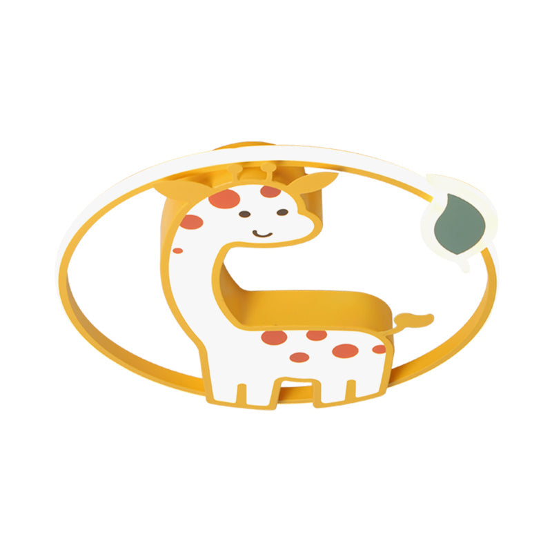 Cartoon-Style Acrylic Giraffe Flush Ceiling Light: Yellow Flushmount Fixture with Leaf Design, Warm/White Lighting