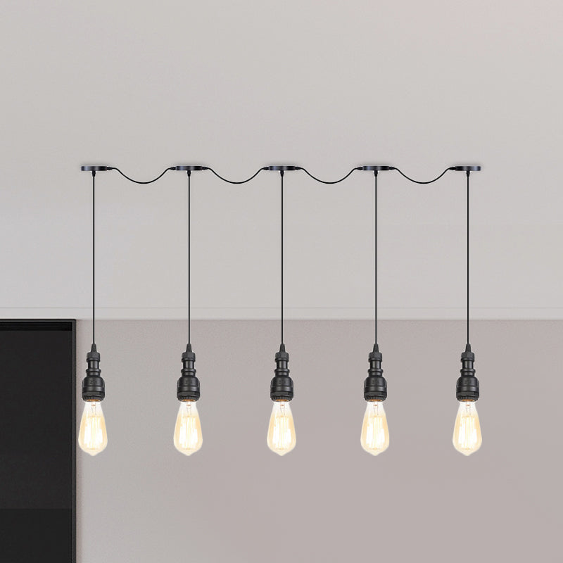 Vintage Iron Restaurant Pendant Lamp - Exposed Bulb - Black Finish - 5/7 Lights - Tandem Multi-Hanging Light Fixture