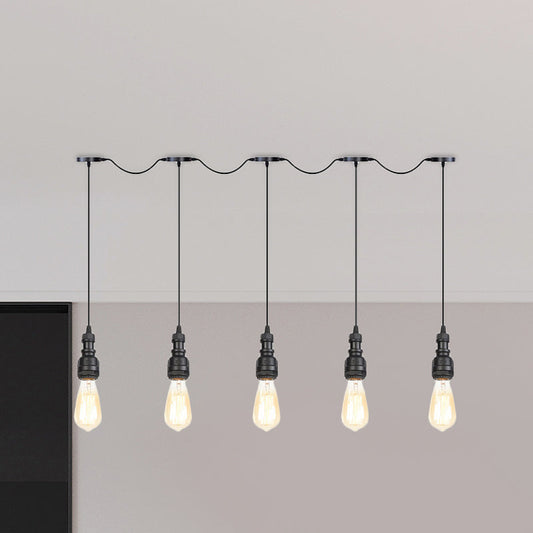Vintage Iron Restaurant Pendant Lamp - Exposed Bulb - Black Finish - 5/7 Lights - Tandem Multi-Hanging Light Fixture