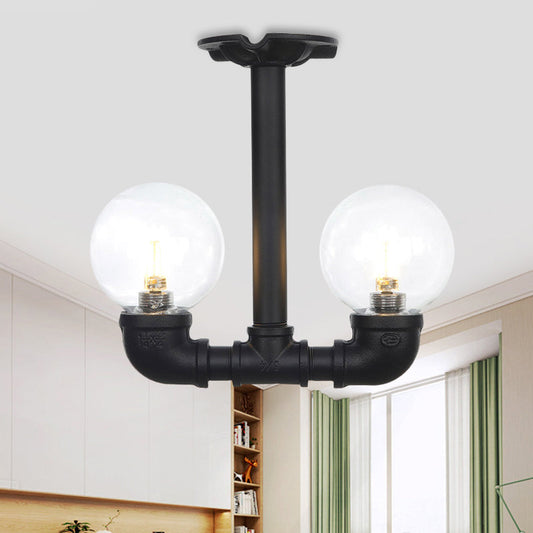 Vintage Clear Glass Semi Flush Ceiling Light Fixture - Ball Corridor, 2 Bulbs, Black LED Lamp