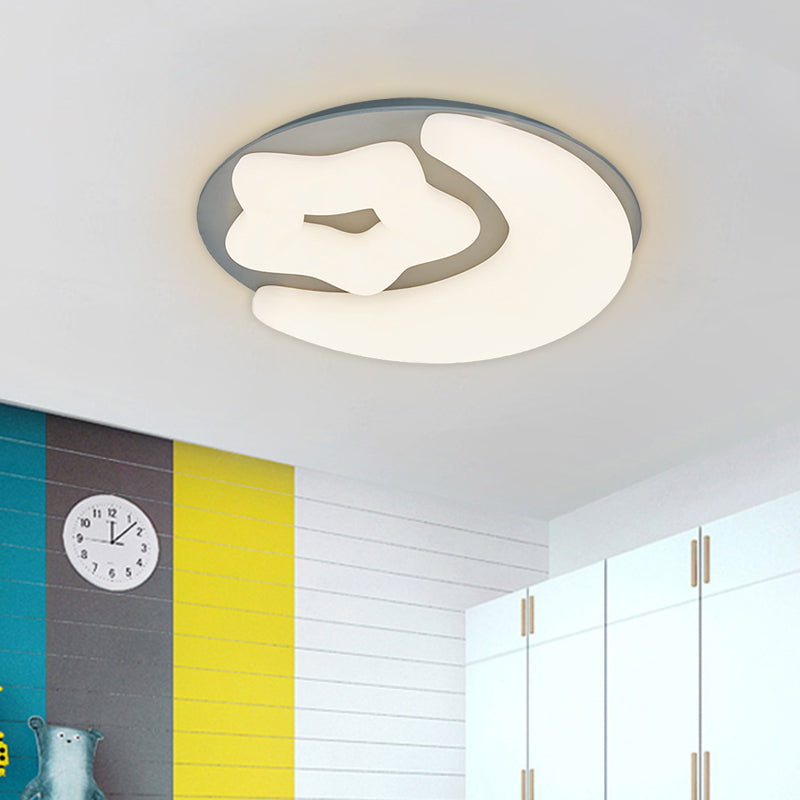 Minimalist Moon and Star Acrylic Flush Mount LED Ceiling Light in Pink/Green/Grey for Bedroom