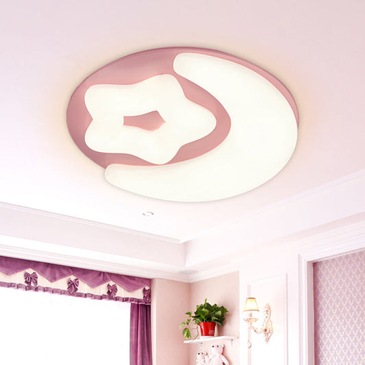 Minimalist Moon and Star Acrylic Flush Mount LED Ceiling Light in Pink/Green/Grey for Bedroom