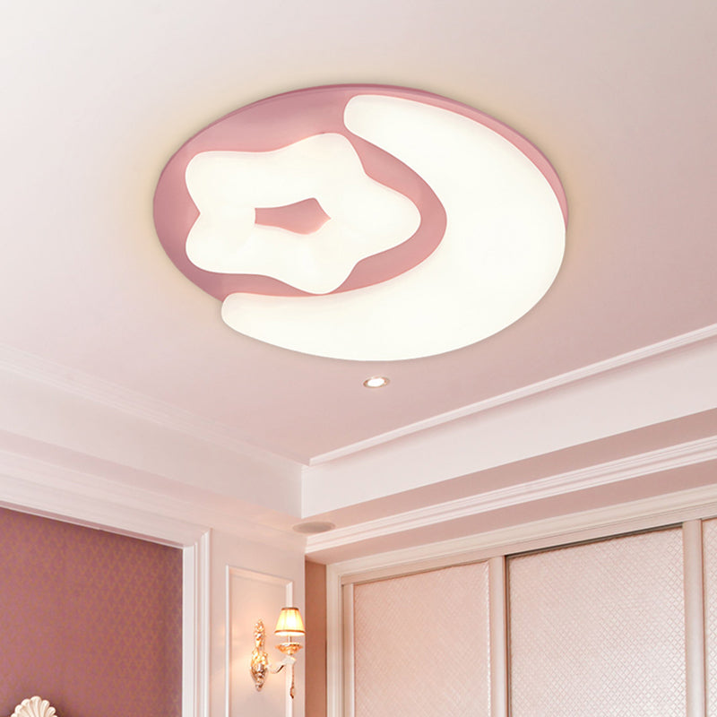 Minimalist Moon and Star Acrylic Flush Mount LED Ceiling Light in Pink/Green/Grey for Bedroom