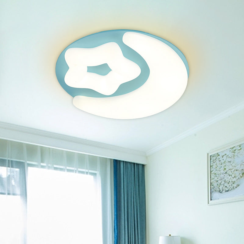 Minimalist Moon and Star Acrylic Flush Mount LED Ceiling Light in Pink/Green/Grey for Bedroom