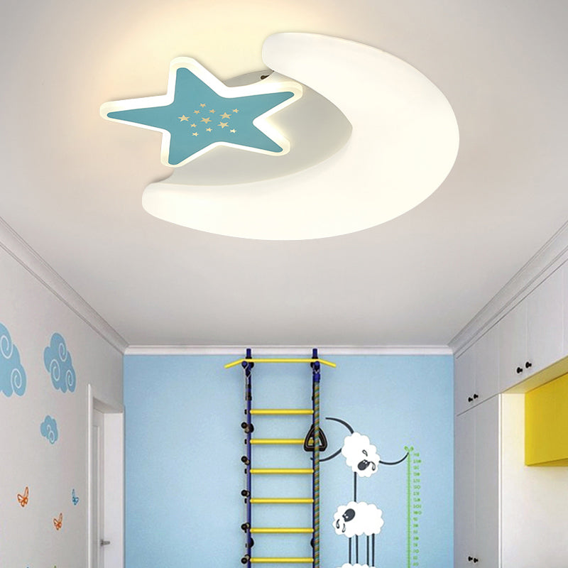 Kid's Moon and Star Flush Mount Acrylic LED Ceiling Light Fixture: Pink/Blue Finish for Bedroom