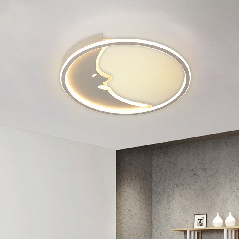 LED Cartoon White Ceiling Lamp with Moon Acrylic Shade - Warm/White Light - Bedroom Flush Mount