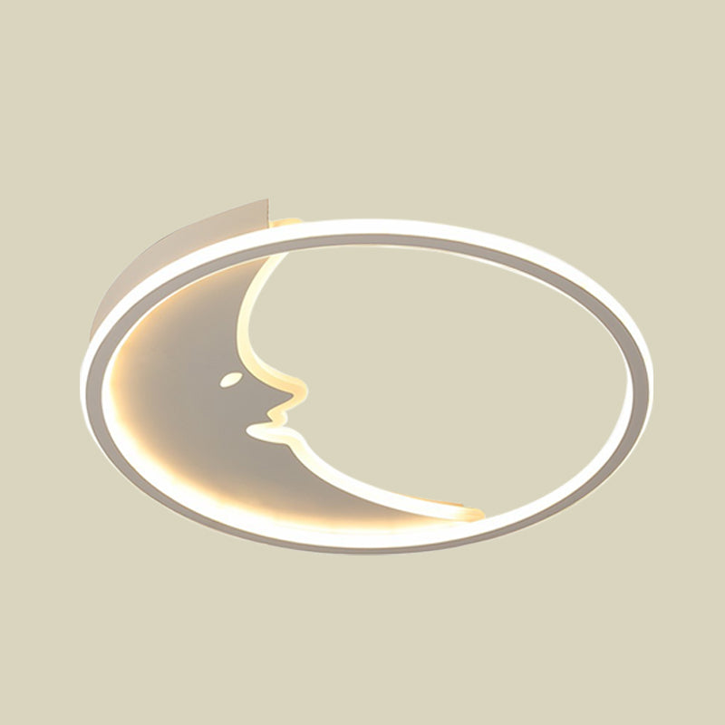 LED Cartoon White Ceiling Lamp with Moon Acrylic Shade - Warm/White Light - Bedroom Flush Mount