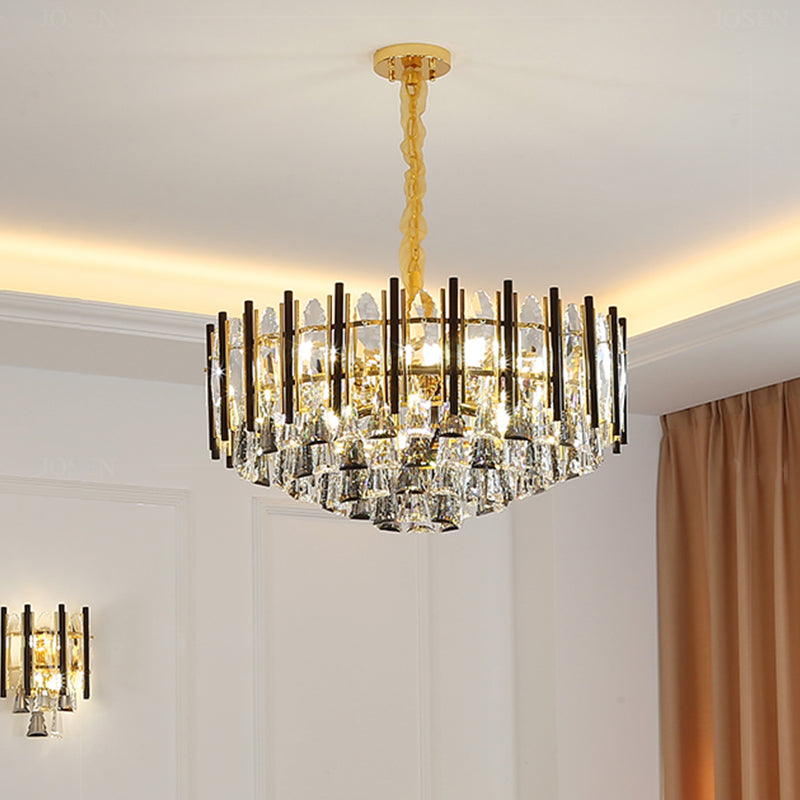 Lustre à pendentif conique en cristal moderne - Lampe suspendue de salon noire transparente à 7 lumières
