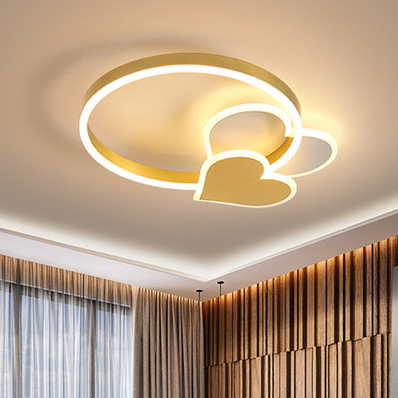 LED Ring Ceiling Light: Gold Loving Heart Flush Mount Lamp with Acrylic Shade in Warm/White Light