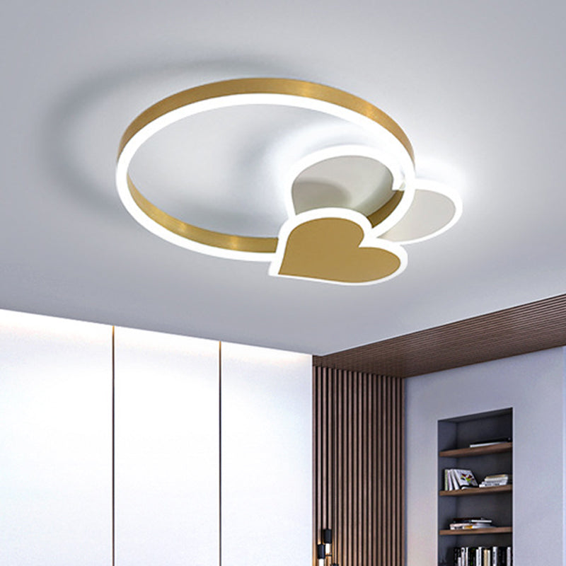 LED Ring Ceiling Light: Gold Loving Heart Flush Mount Lamp with Acrylic Shade in Warm/White Light
