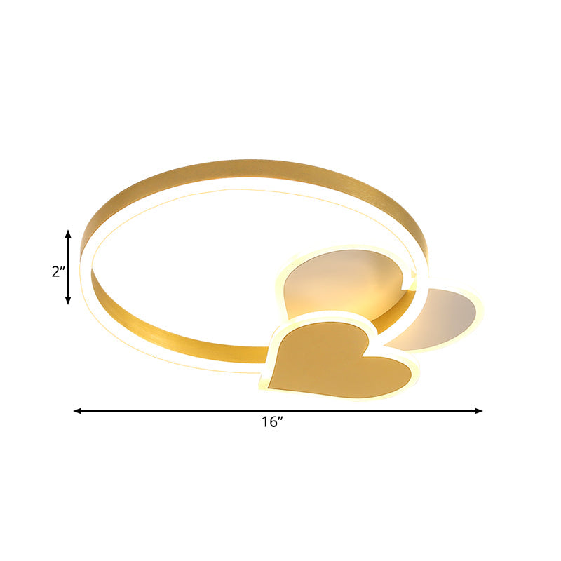 LED Ring Ceiling Light: Gold Loving Heart Flush Mount Lamp with Acrylic Shade in Warm/White Light