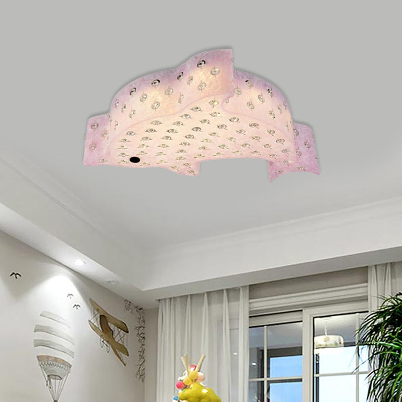 Modern Flush Mount Pendant Light - Fish Shaped Acrylic LED Ceiling Lamp with Crystal Decoration (Blue/Pink/White)