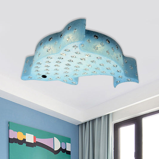 Modern Flush Mount Pendant Light - Fish Shaped Acrylic LED Ceiling Lamp with Crystal Decoration (Blue/Pink/White)