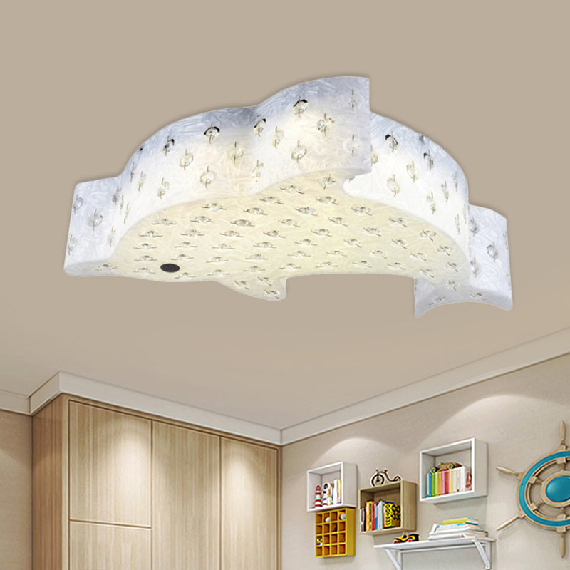 Modern Flush Mount Pendant Light - Fish Shaped Acrylic LED Ceiling Lamp with Crystal Decoration (Blue/Pink/White)