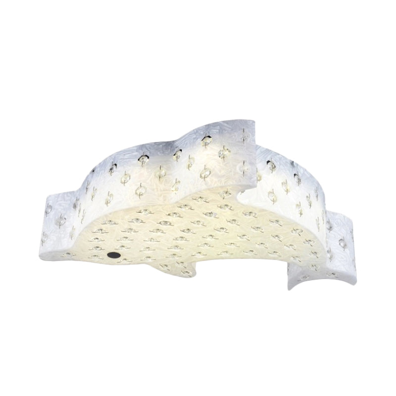 Modern Flush Mount Pendant Light - Fish Shaped Acrylic LED Ceiling Lamp with Crystal Decoration (Blue/Pink/White)
