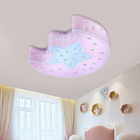 Modernist LED Moon and Star Flush Mount Pendant: Acrylic Blue/Pink Ceiling Lighting with Crystal Deco for Bedroom