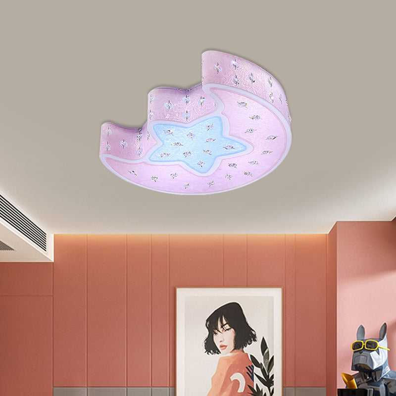 Modernist LED Moon and Star Flush Mount Pendant: Acrylic Blue/Pink Ceiling Lighting with Crystal Deco for Bedroom