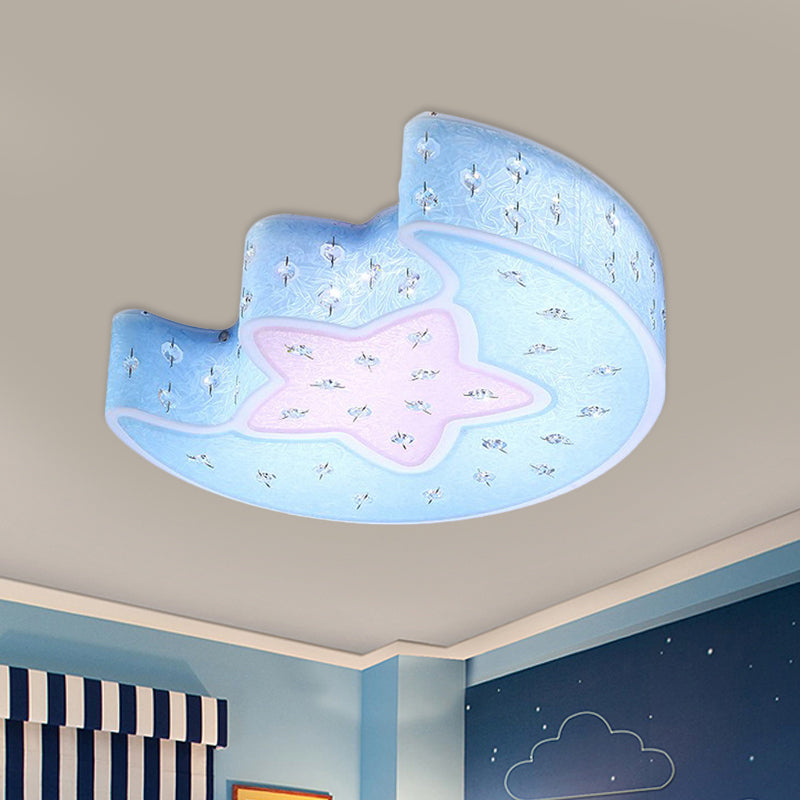 Modernist LED Moon and Star Flush Mount Pendant: Acrylic Blue/Pink Ceiling Lighting with Crystal Deco for Bedroom