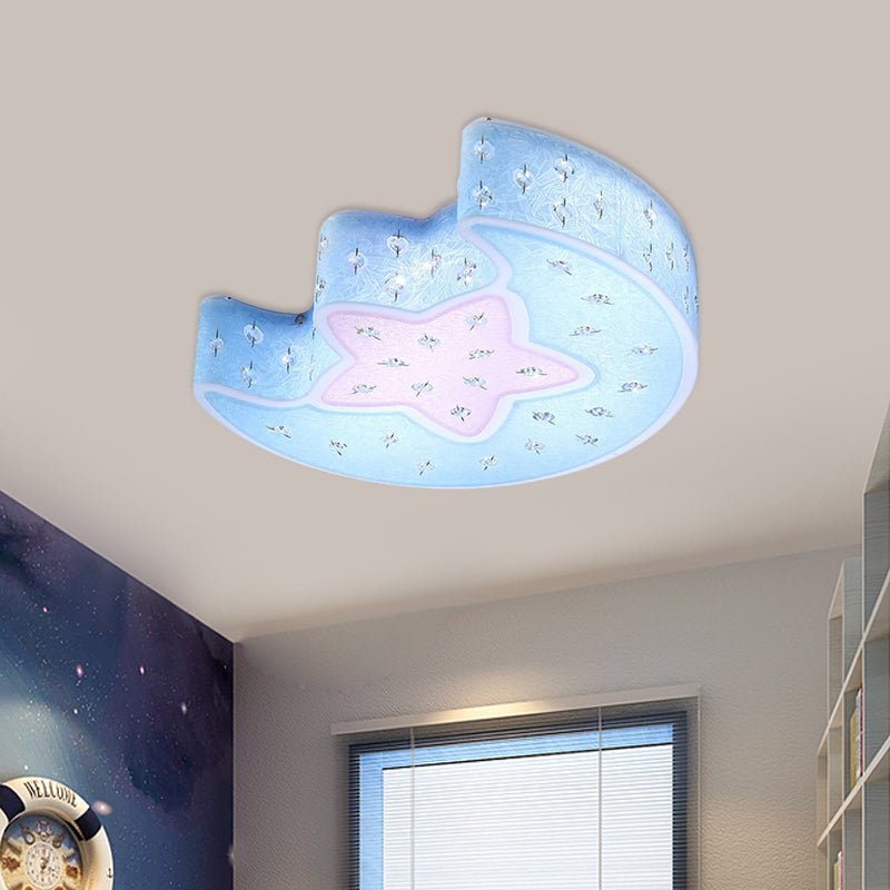 Modernist LED Moon and Star Flush Mount Pendant: Acrylic Blue/Pink Ceiling Lighting with Crystal Deco for Bedroom