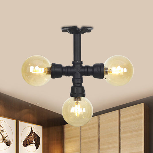 Semi Mount Vintage Corridor Flush Lamp with Amber Glass Shade in Black - 3/4 Bulbs